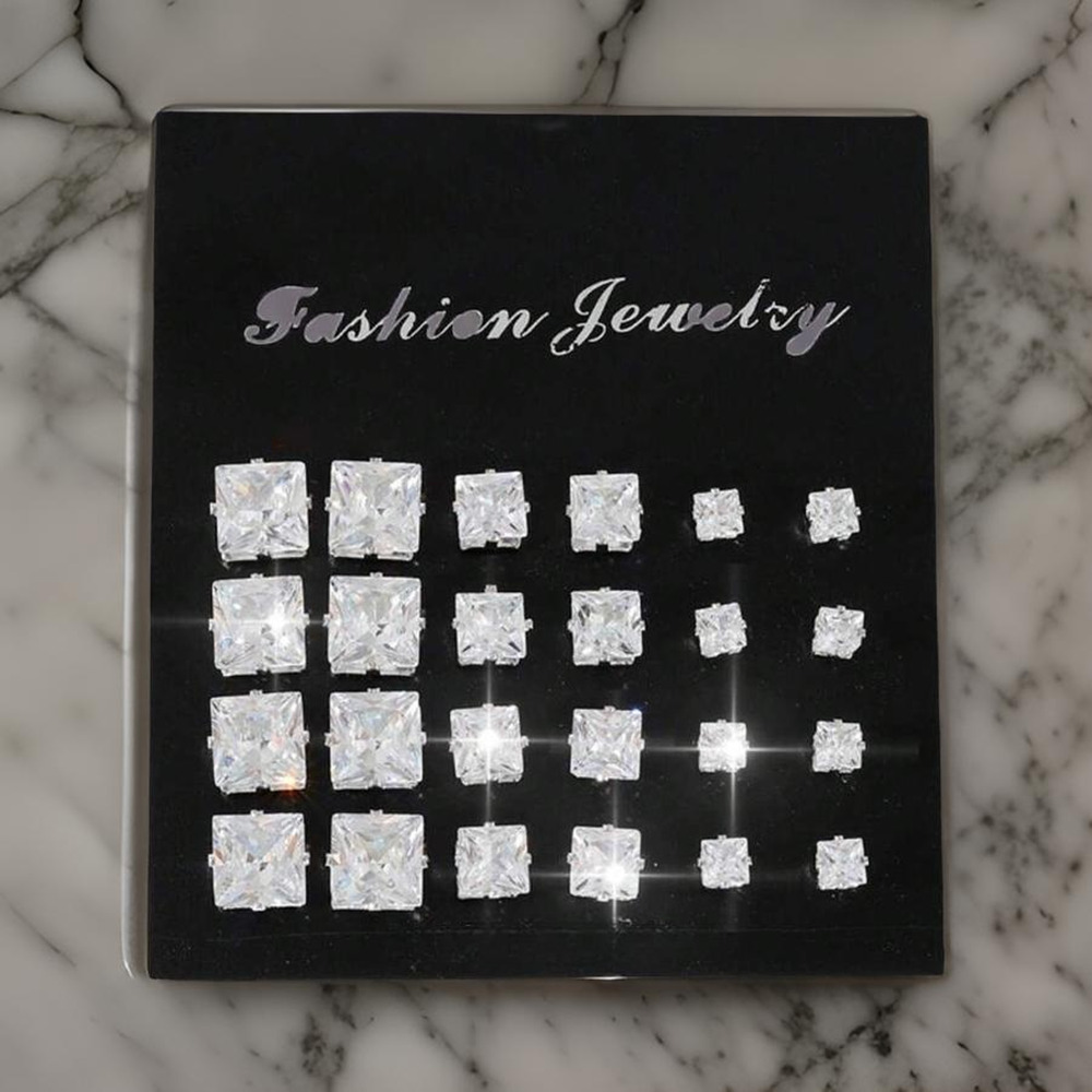New 12 Pairs Square Cubic Zirconia CZ Stud Silver Earrings Different Sizes Men